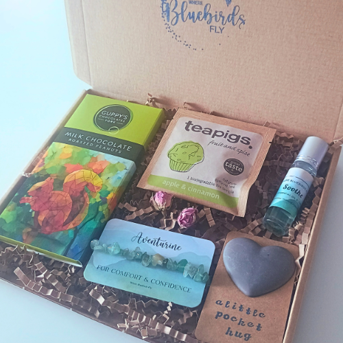 Letterbox Gifts | Build Your Own 5 Items • Letterbox Gifts. Comfort Care Package with chocolate, comfort and confidence bracelet, a little pocket hug, soothe roll on aromatherapy and teapigs apple tea.