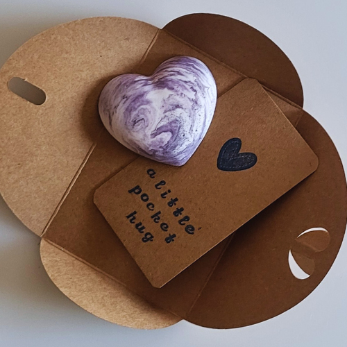 A Little Pocket Hug • Send a hug in a box. Pocket hug in the post in handmade heart in Cosmic Purple with a hand stamped card