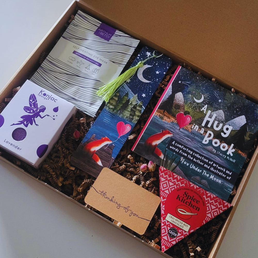 Build Your Own Book Hamper • Hug in a box thinking of you gifts and book hampers. A cosy care package gift for book lovers.